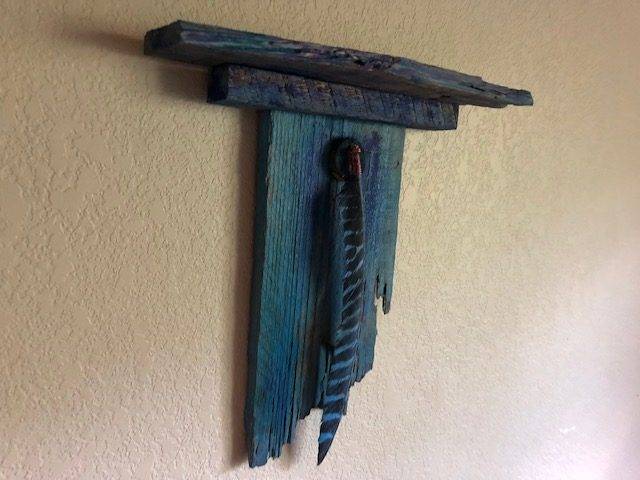 BLUE SHELF WITH FEATHER,  Unique, One-of-a-Kind Wooden Wall Art