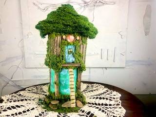 CREMATION URN: Pixie Treehouse,  a Whimsical Glass Mid-Size Cremation Art Urn for Human or Pet Ashes